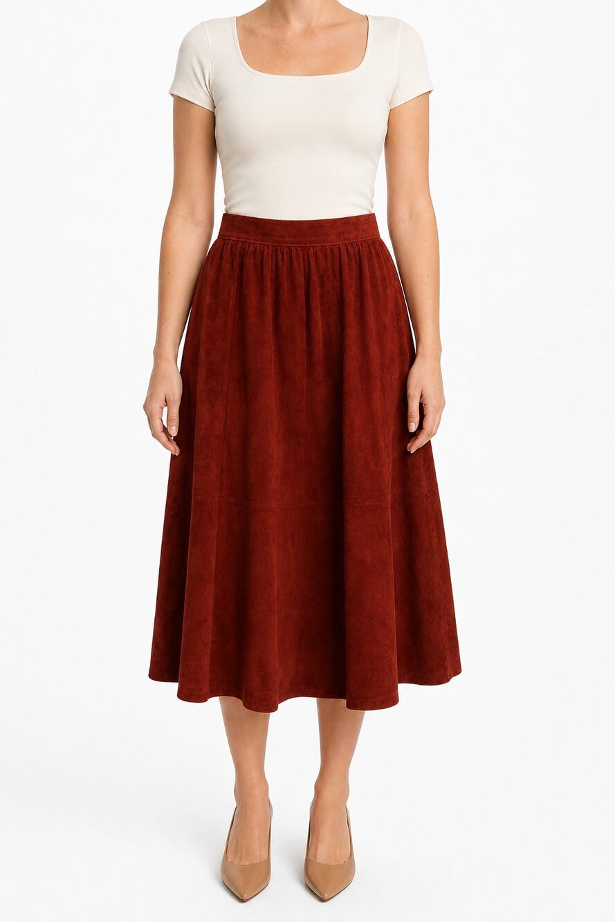 Nuance Women's Red Suede Leather A-Line Midi Skirt Size 6 Vintage Fall Fashion